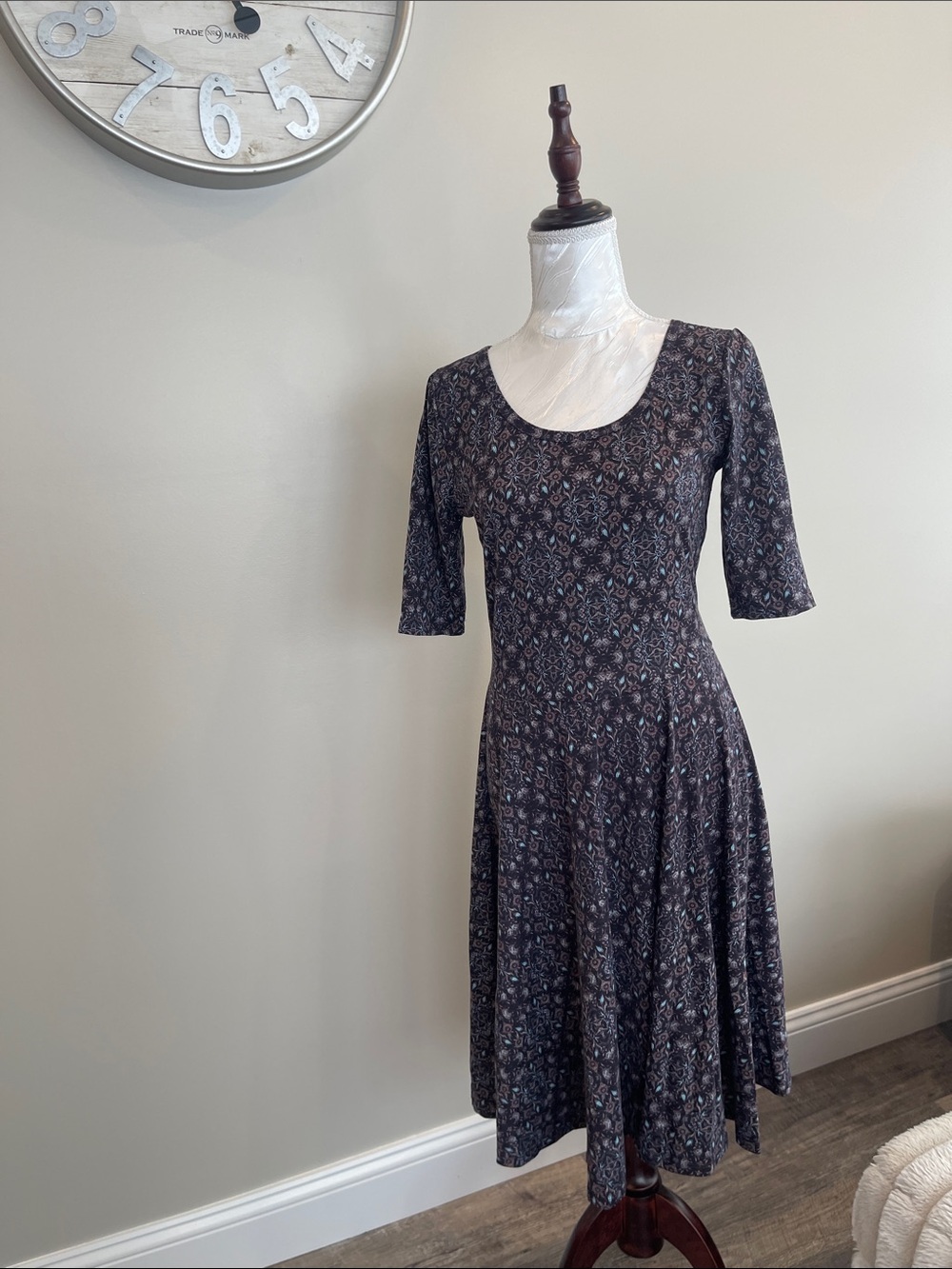LuLaRoe Scoop Neck Midi Dress in Dark Plum and Black Floral